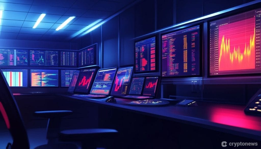 قاعة خافتة الإضاءة بها شاشات تعرض بيانات ومخططات بيانية للأسعار