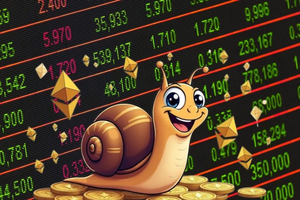 حلزون ضاحك وسط عدة شعارات إيثيريوم ذهبية وفي الخلفية شاشة تعرض بيانات سعرية