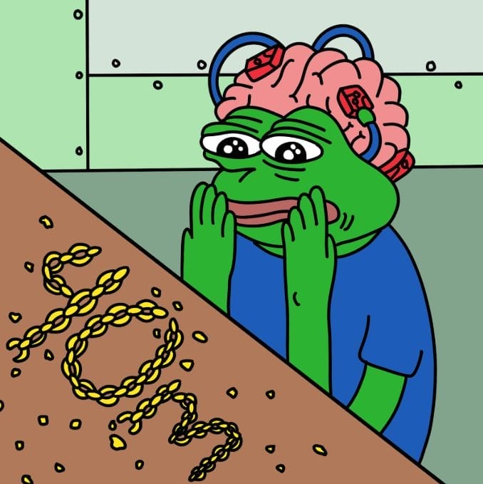ضفدع Pepe Unchained يجلس أمام طاولة عليها رقم 40 مليون احتفالاً بحصيلة الاكتتاب