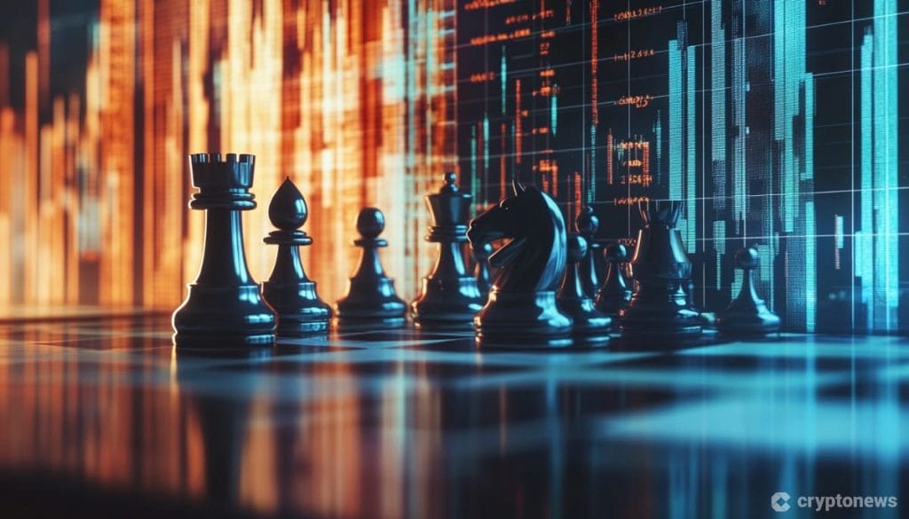 أحجار شطرنج سوداء فوق رقعة، وفي الخلفية مخططات بيانية