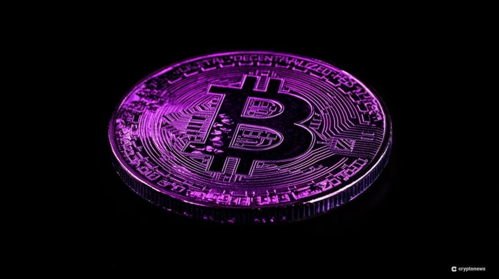 عملة تحمل شعار بيتكوين باللون الأرجواني على خلفية سوداء
