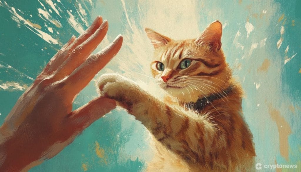 قطةٌ ترفع يدها وتضعها على يد إنسان
