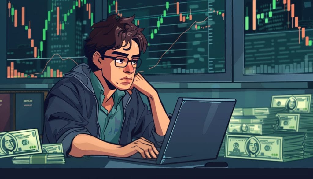 شابٌ يجلس أمام حاسبه المحمول وبجانبه مبالغ نقدية وخلفه مخططات بيانية للأسعار