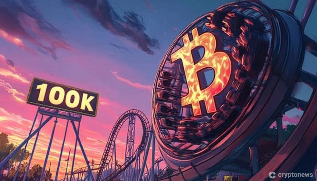 عجلة دوارة يتوسطها شعار عملة بيتكوين في مدينة ألعاب هوائية تعلوها لافتة مكتوب عليها 100,000$