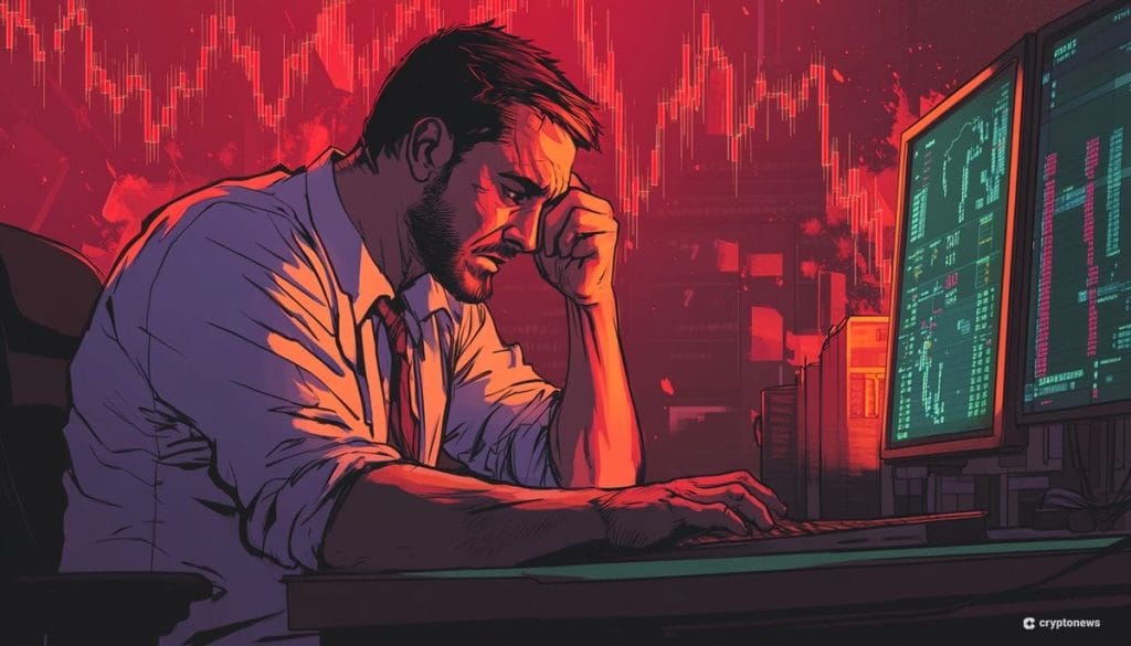 شخص يشبه تشالز هوسكينسون مطرقاً أمام شاشة حاسوبه وفي الخلفية يظهر مخطط بياني للسعر باللون الأحمر