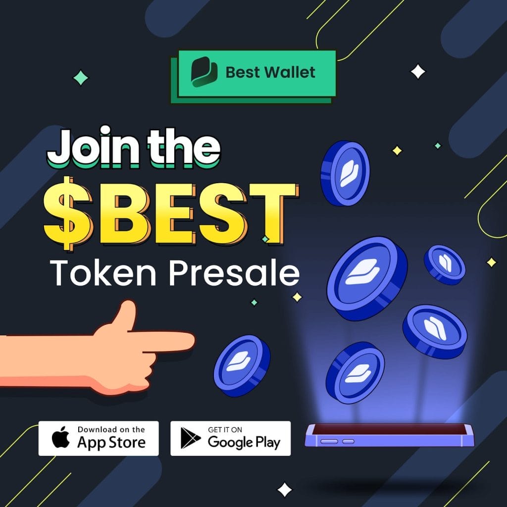 إعلان ترويجيّ لاكتتاب عملة BEST تظهر فيه أيقونات زرقاء عليها شعار المشروع وأزرار تحميل التطبيق