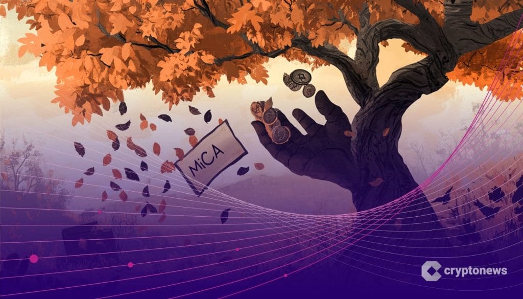 جذع شجرة على شكل يد بشرية فيها عملات معدنية تسبّب خريف MiCA بتساقط أوراقها