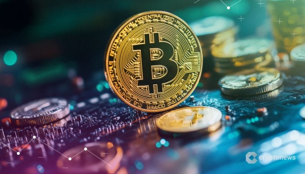 عملة ذهبية تحمل شعار بيتكوين وسط عملات معدنية أخرى