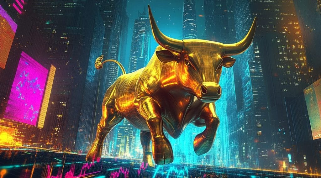 تمثال ضخم لثور ذهبي وخلفه مبان شاهقة وشاشات تعرض بيانات مالية وأرقاماً