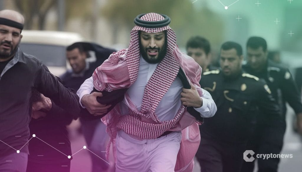 الأمير السعودي محمد بن سلمان بكوفية حمراء يركض وحوله رجال شرطة وأشخاص آخرون