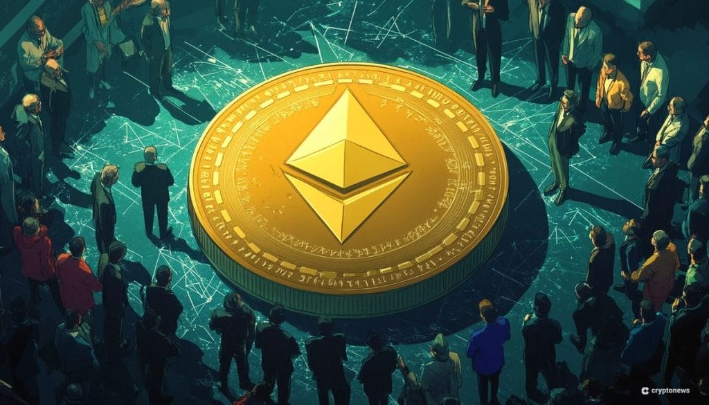 عملة إيثيريوم ضخمة يقف حولها العديد من الأشخاص