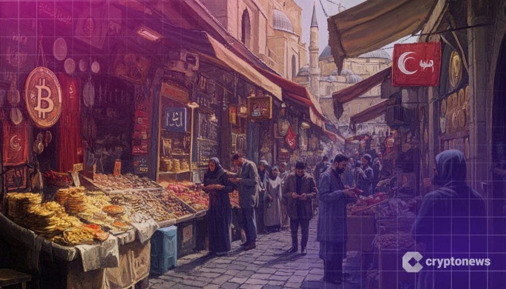 سوق شعبي في زقاق ضيق مرصوف بالحجارة فيه بضائع ومتسوّقون، كما نجد العلم التركي ومقابله رمز عملة بيتكوين وفي الخلفية مسجد