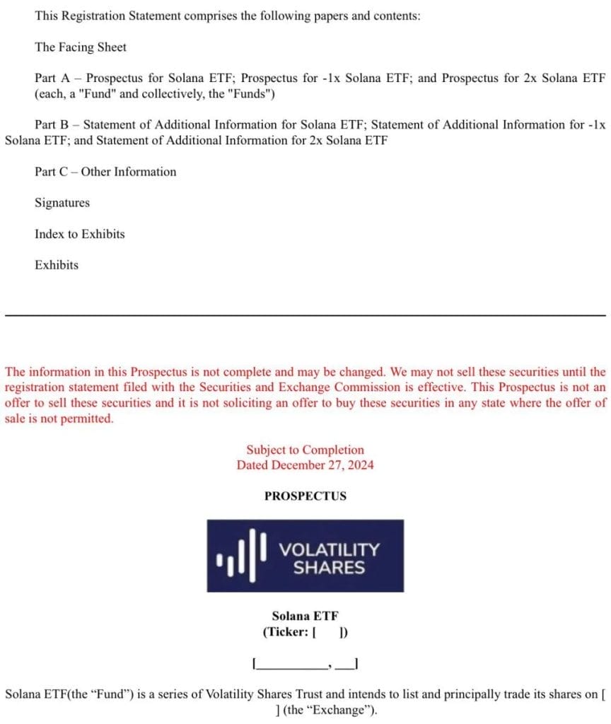 بيان تسجيل صندوق SOL Futures ETF المقدم بواسطة شركة Volatility Shares LLC