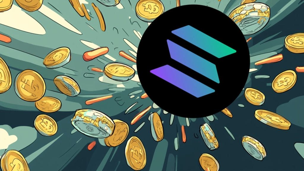 عملات معدنية كثيرة تتساقط كالأمطار ووسطها يبدو شعار سولانا