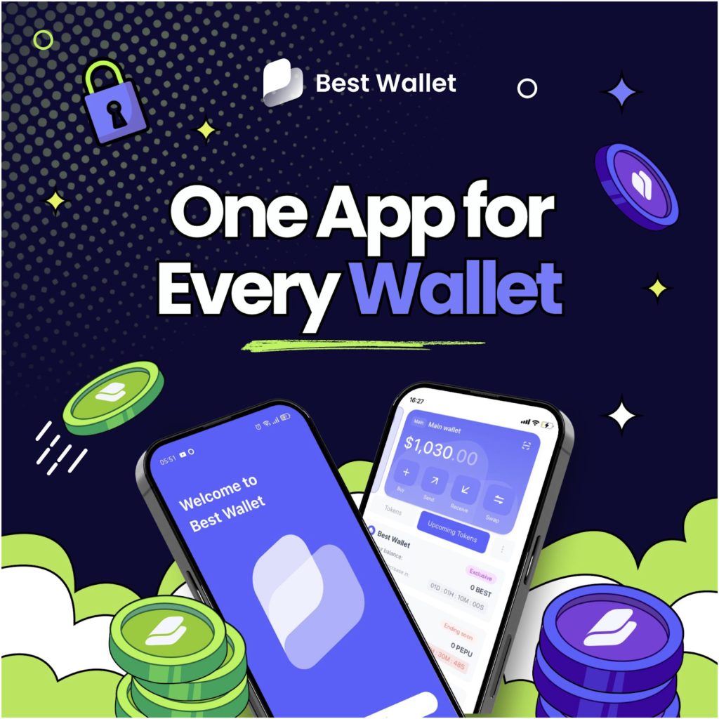إعلان لتطبيق Best Wallet يتضمن عناصر بصرية متنوعة وأبرز مزاياه