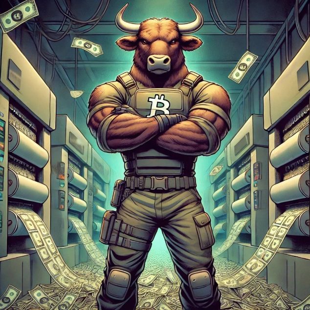 ثور عملة BTC Bull عليه شعار بيتكوين وخلفه أجهزة تطبع عملات ورقية