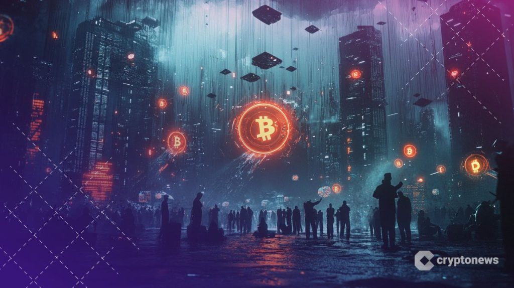 مبان مرتفعة وأشخاص يقفون في ساحة معتمة داخل جو عاصف مليء بعملات تحمل شعار بيتكوين وعملات رقمية أخرى