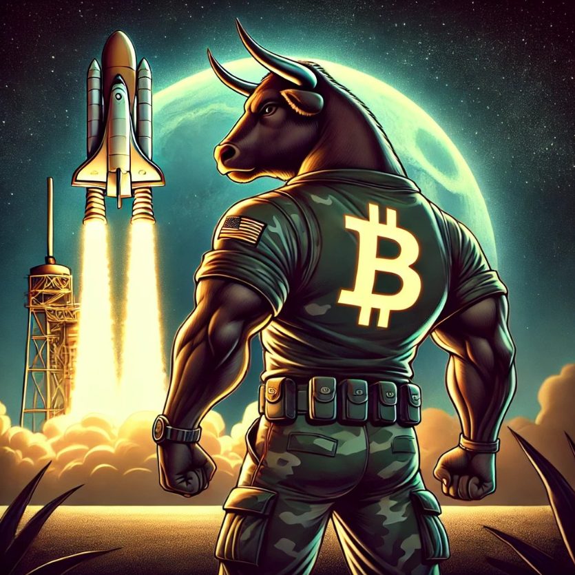 ثور عملة BTC Bull وعلى ظهره شعار بيتكوين