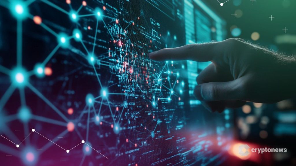 يد تشير إلى شاشة تعرض شبكة من البيانات الرقمية المعقدة