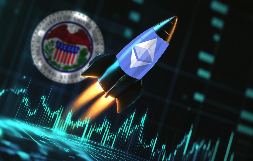 صاروخ يحمل شعار إيثيريوم وخلفه رمز الحكومة الفيدرالية الأمريكية