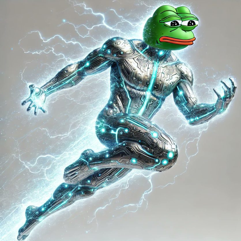 شخصية وكيل MIND of Pepe على هيئة رأس ضفدع في جسم بشري تنبعث منه طاقة قوية