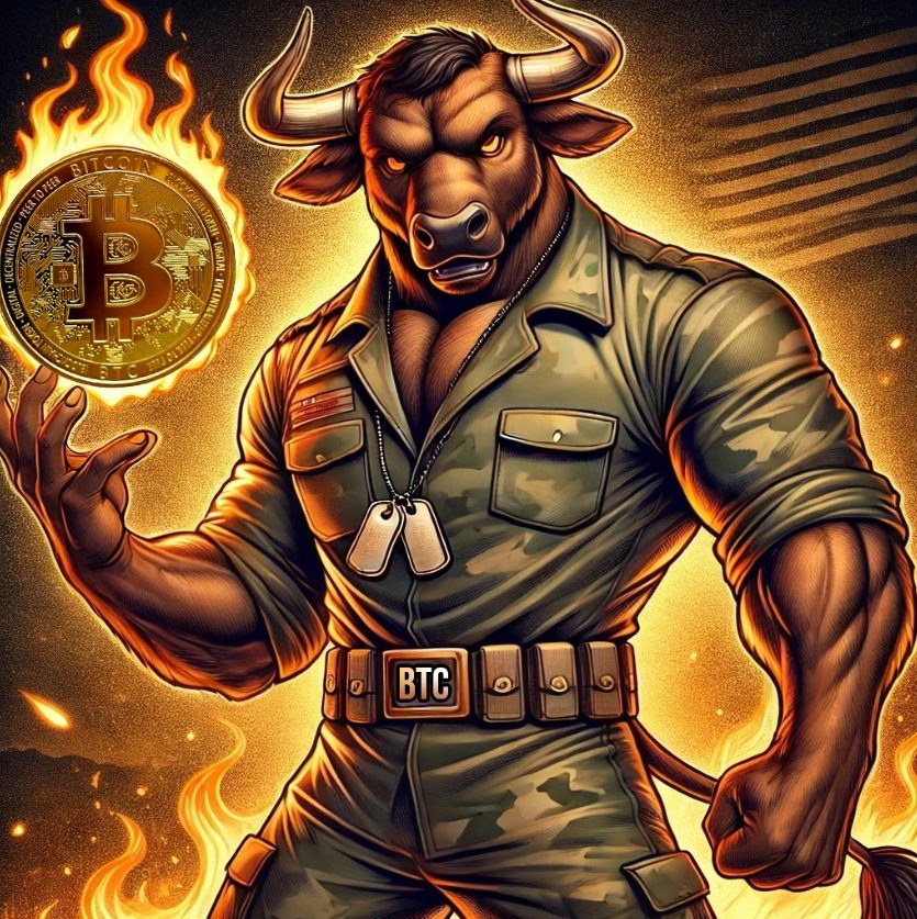 ثور عملة BTC Bull (BTCBULL) يرتدي زياً عسكرياً عليه شعار بيتكوين ويمسك عملة بيتكوين معدنية مشتعلة