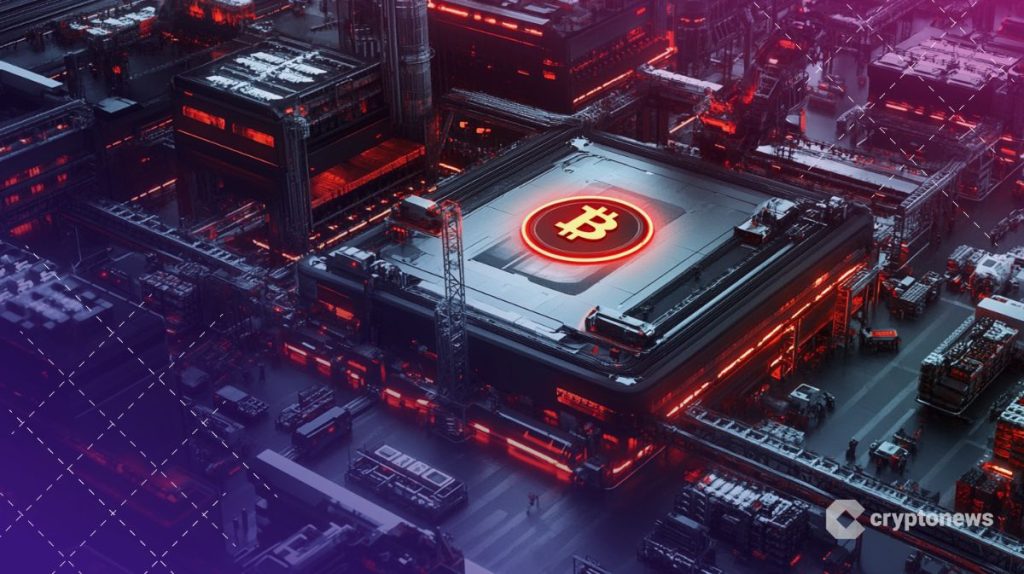 مصنع متطور يضم بناء يحمل على سطحه علامة بيتكوين