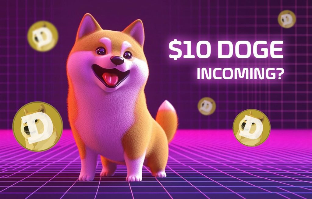 كلب شيبا إينو يبدو سعيداً وحوله عملات تحمل حرف D وعبارة هل يصل سعر DOGE إلى 10$ قريباً؟