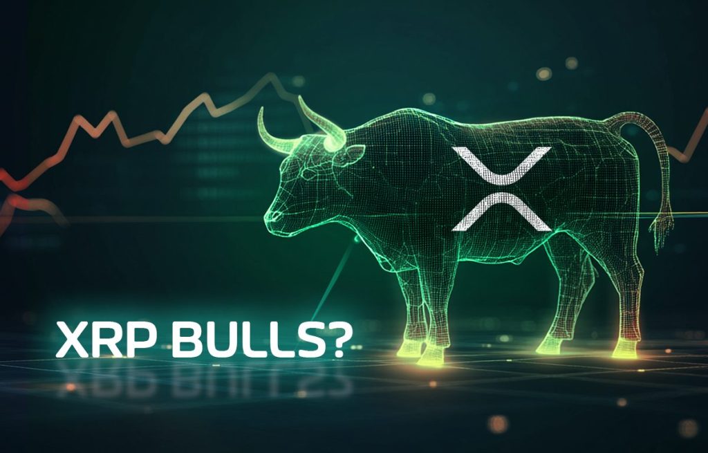 ثور بأضواء خضراء وامضة عليه شعار ريبل، وأمامه مخطط بياني صاعد وتساؤل حول ثيران XRP