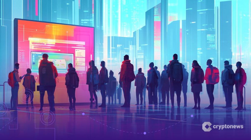 الكثير من الأشخاص يقفون أمام شاشة كبيرة في مدينة رقمية