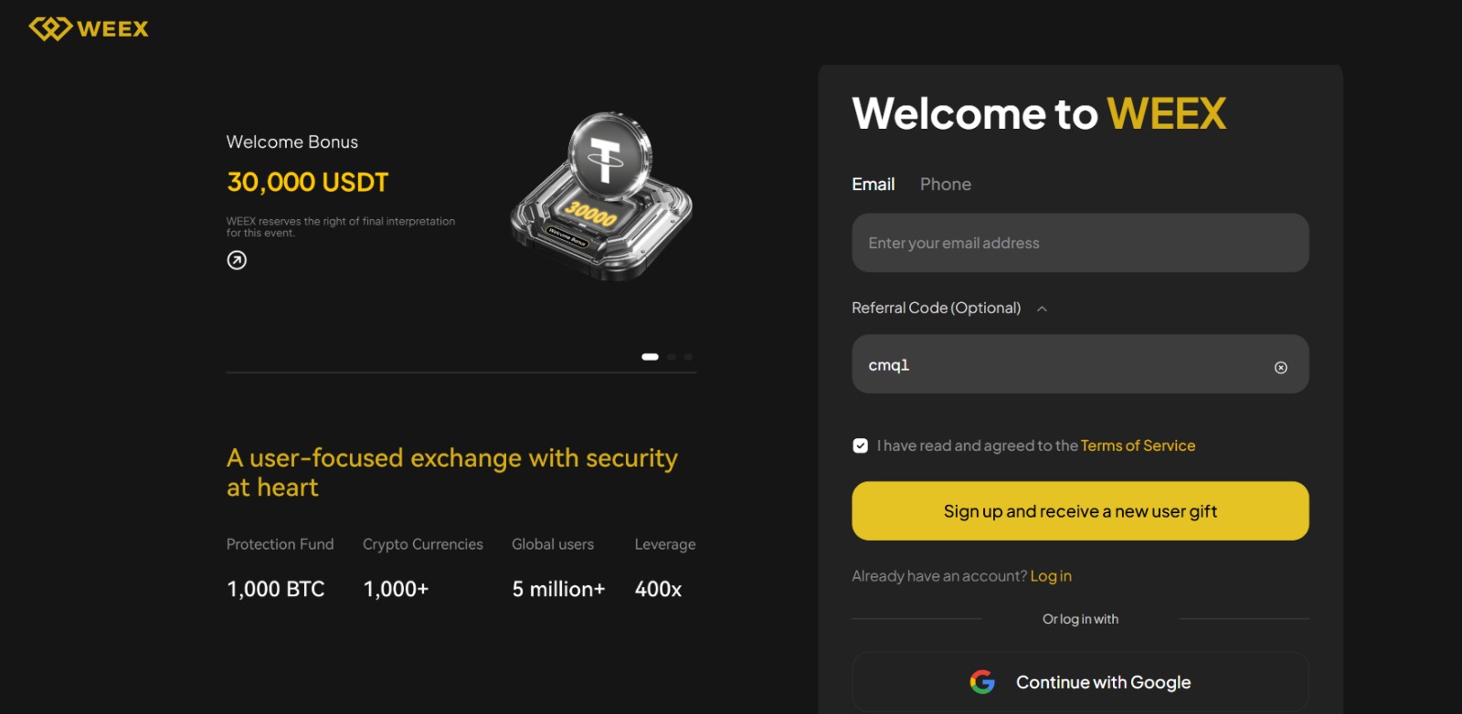 واجهة منصة Weex الرئيسية تعرض الإعلان عن بونوص الترحيب بقيمة 30 $ 