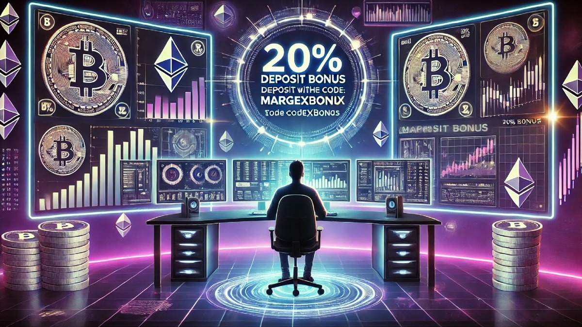 مشهد مستقبلي لمركز تداول رقمي يعرض مكافأة إيداع بنسبة 20% باستخدام كود 