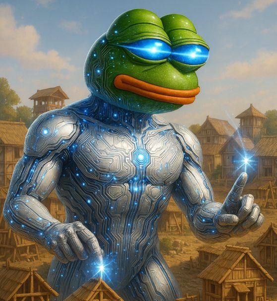 شخصية وكيل الذكاء الاصطناعي MIND of Pepe بشكل روبوت يُخرج أشعة زرقاء من يديه