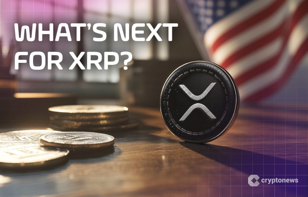 شعار ريبل إلى جانب عملات معدنية على خلفية العلم الأمريكي وتساؤل حول محطة سعر XRP التالية
