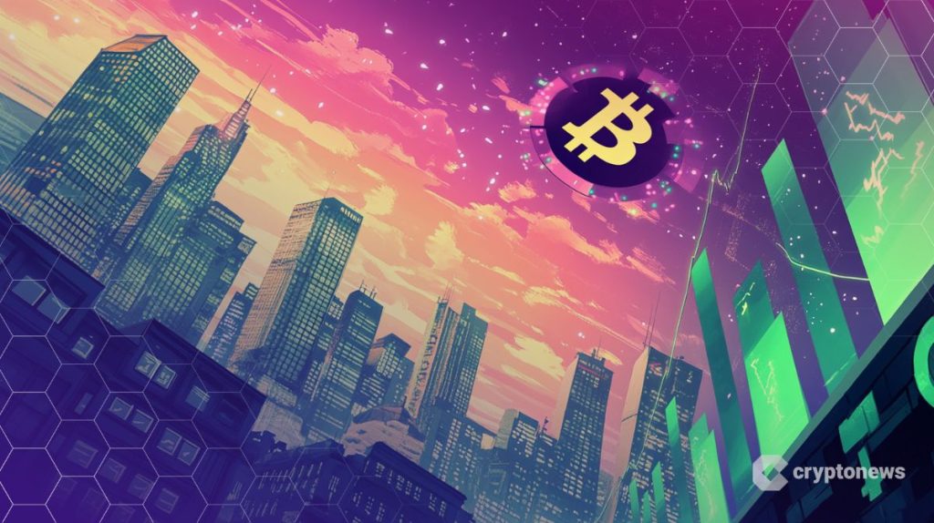 شعار بيتكوين في السماء وسط أبنية يكسوها اللون الأخضر
