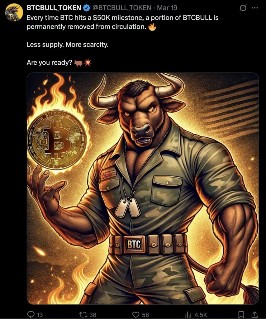 تغريدة على تويتر من حساب BTCBULL_TOKEN عن حرق توكنات BTCBull عند وصول Bitcoin إلى 50,000 دولار