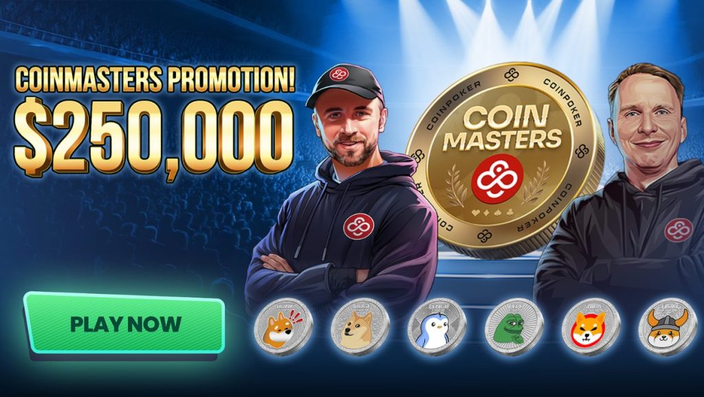 رجلان يبتسمان مع عملة ذهبية CoinPoker و6 عملات ميم، بجانب عرض CoinMasters بقيمة 250,000$