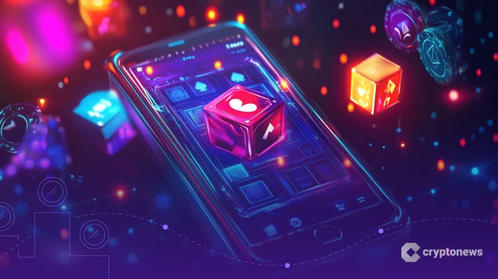 هاتف ذكي تعرض شاشته واجهة رقمية متوهجة محاطة بقطع من النرد المضيء