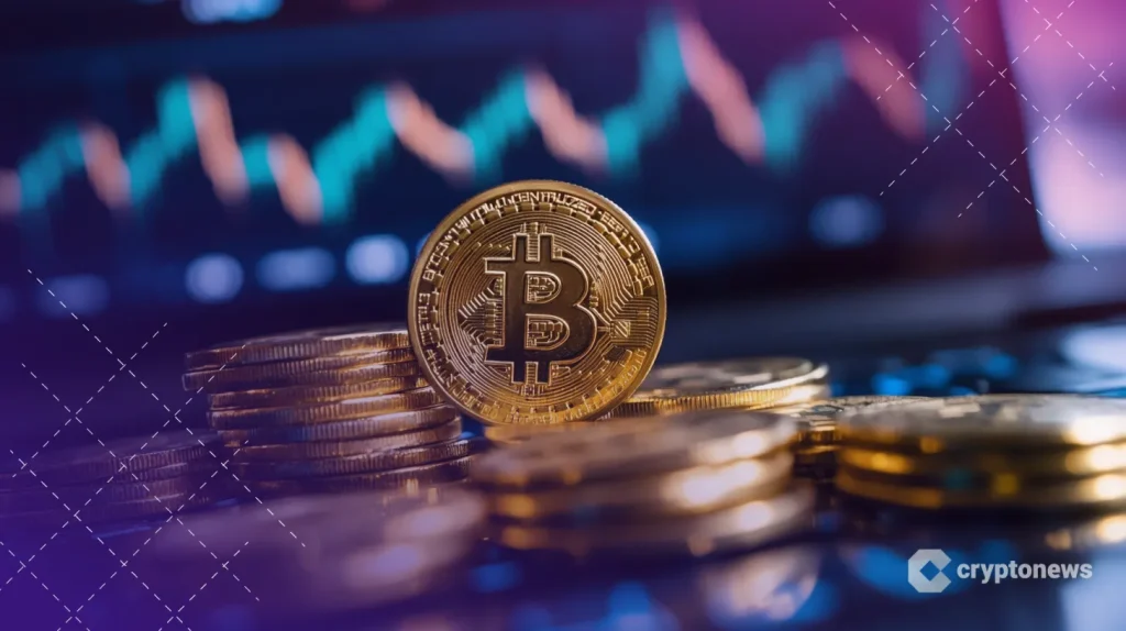 عملات معدنية بلون ذهبي عليها رمز عملة بيتكوين وخلفها مخطط بياني