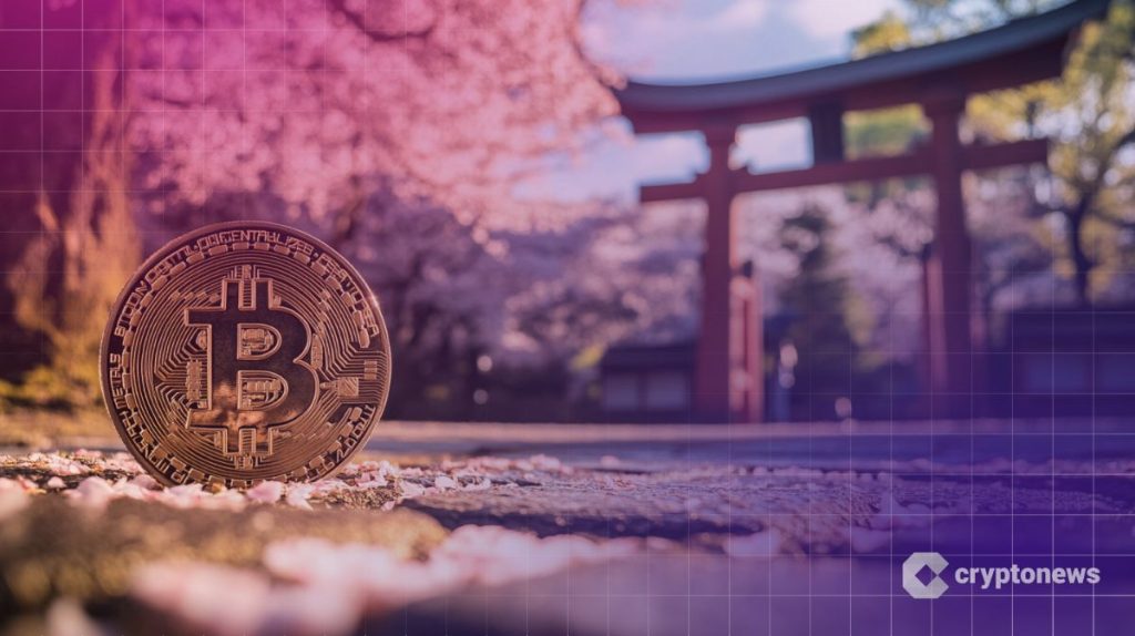 عملة بيتكوين تقف على الأرض وخلفها قوس معبد ياباني وشجرة كرز مزهرة