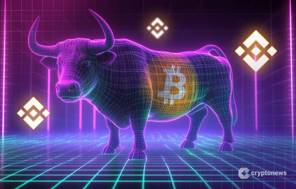 ثور يتوسطه شعار بيتكوين، وحوله شعارات منصة بينانس
