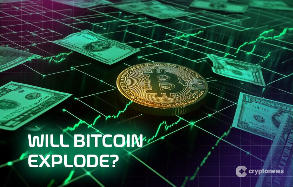 عملة ذهبية تحمل شعار بيتكوين وسط دولارات نقدية، وفي الخلفية مخطط بياني صاعد باللون الأخضر