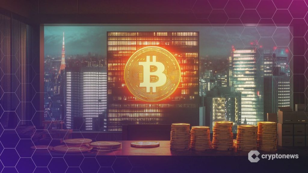 شعار بيتكوين متوهج على ناطحة سحاب وسط مدينة حديثة، وعملات ذهبية متراصة في المقدمة