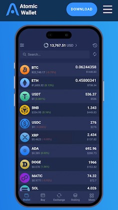 واجهة تطبيق Atomic Wallet لعرض وتداول العملات الرقمية مثل بيتكوين وإيثيريوم بسهولة وأمان