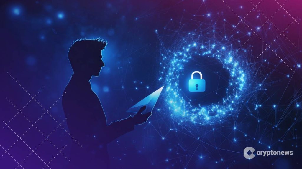 ظل لشخص يرسل رسالة مشفرة عبر تطبيق تيليجرام مغلفة بشعاره، وأمامه هالة محاطة بقفل وترمز إلى خصوصية مستخدمي تيليجرام