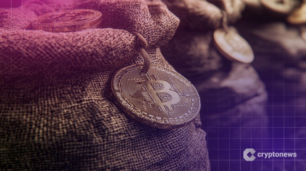 كيس مصنوع من القماش الخشن يتدلى من رباطه مجسم بيتكوين معدني