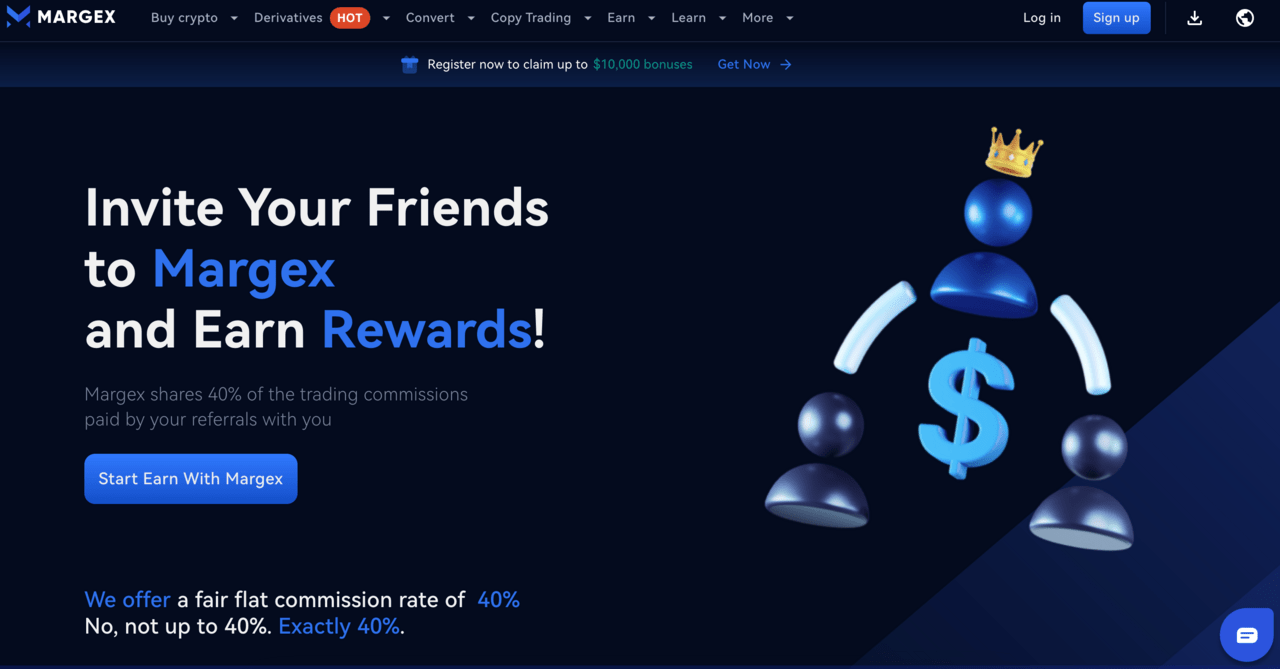 أشكال تمثل ثلاثة أشخاص مترابطين بخط وأوسطهم على رأسه تاج وعبارة تحث على دعوة الأصدقاء إلى منصة Margex