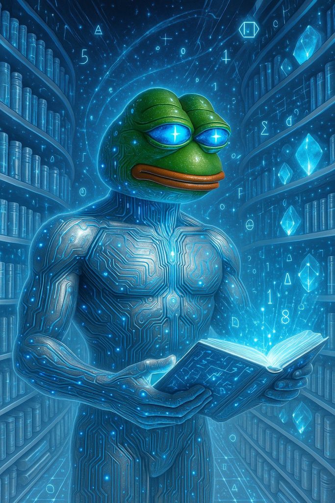 شخصية عملة MIND of Pepe تقرأ كتاباً في مكتبة
