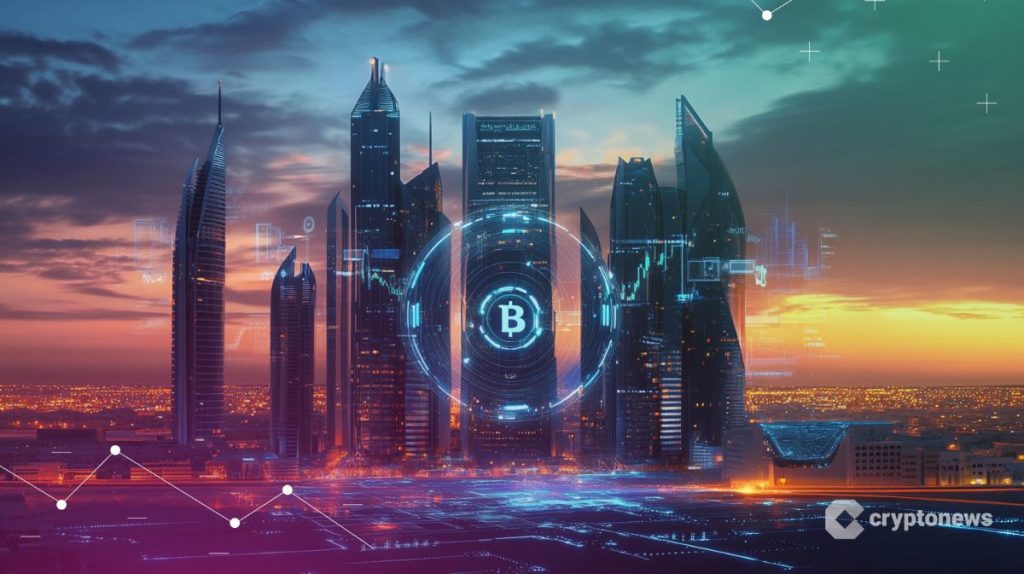 مجموعة مباني عملاقة تتوسطها دارة تحمل شعار بيتكوين وفي الخلفية غروب الشمس خلف الغيوم