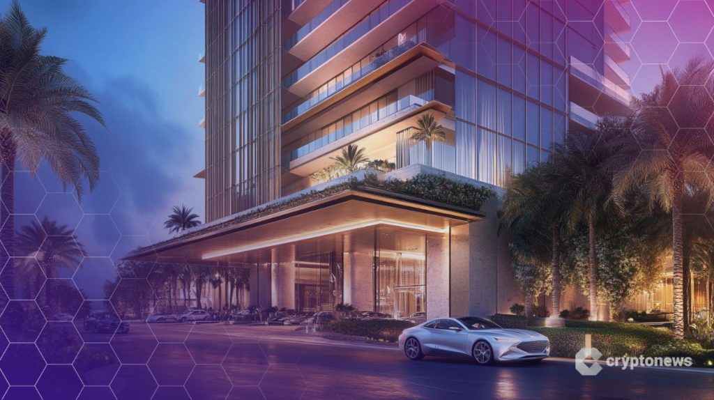 برج فاخر محاط بنخيل وأضواء وسيارات فاخرة
